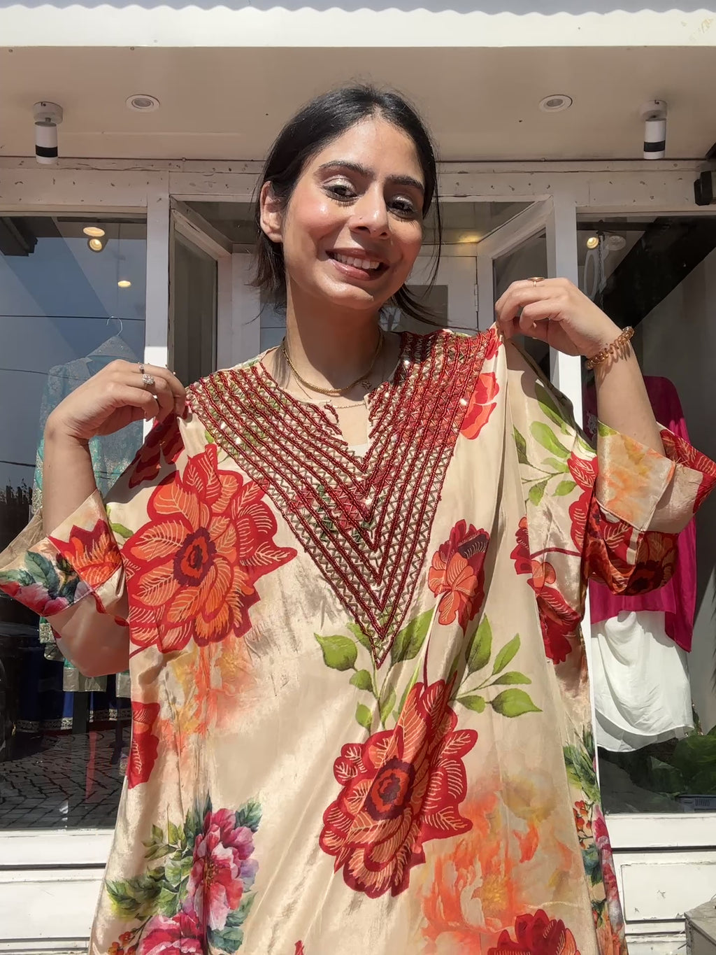 Beige Floral Kaftan set